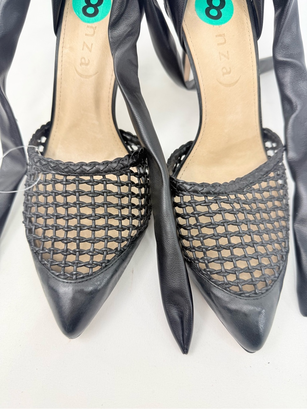 Vicenza Anthropologie Black Leather Woven Pointed Toe Wrap Ankle Strap Pump Heel - Picture 7 of 16